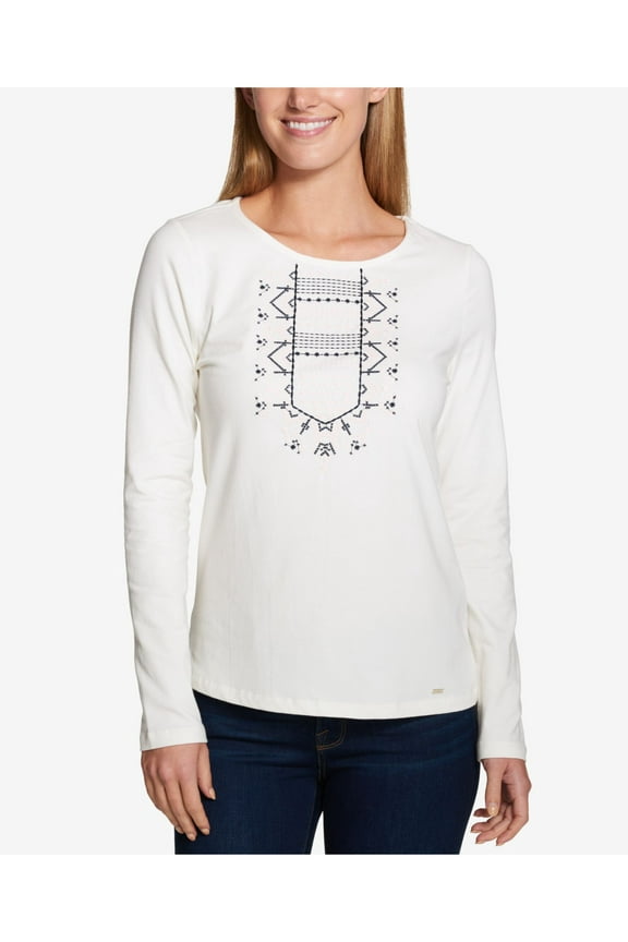 $69 Womens New 2710 Ivory Embroidered Long Sleeve Top XL B+B