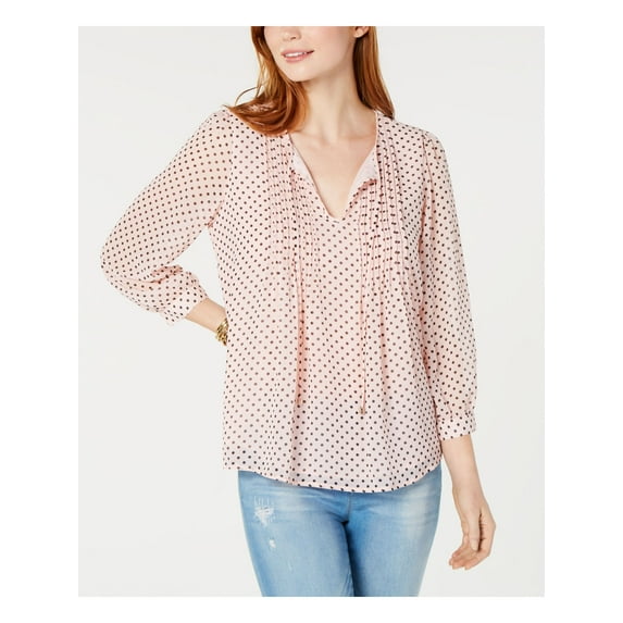 TOMMY HILFIGER Womens Pink Polka Dot Cuffed Tie Neck Tunic Top Size: XL