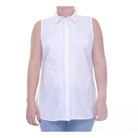 New 14796 Tommy Hilfiger Embroidered Sleeveless Button Down Shirt Large white $69