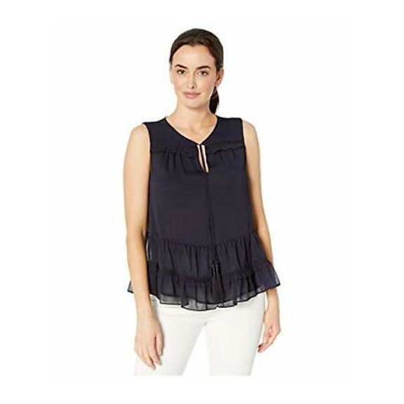 TOMMY HILFIGER $79 Womens New 0099 Navy Ruffled Tie Neck Casual Top M B B