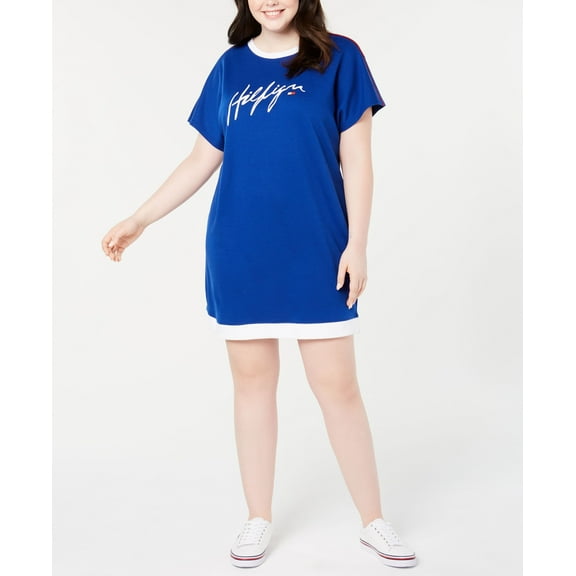 TOMMY HILFIGER $79 Womens New Blue Printed Short Sleeve Shift Dress 2X Plus B+B