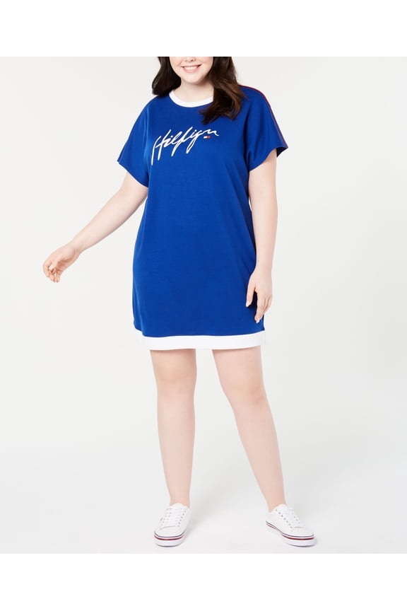 $79 Womens New Blue Printed Short Sleeve Shift Dress 2X Plus B+B