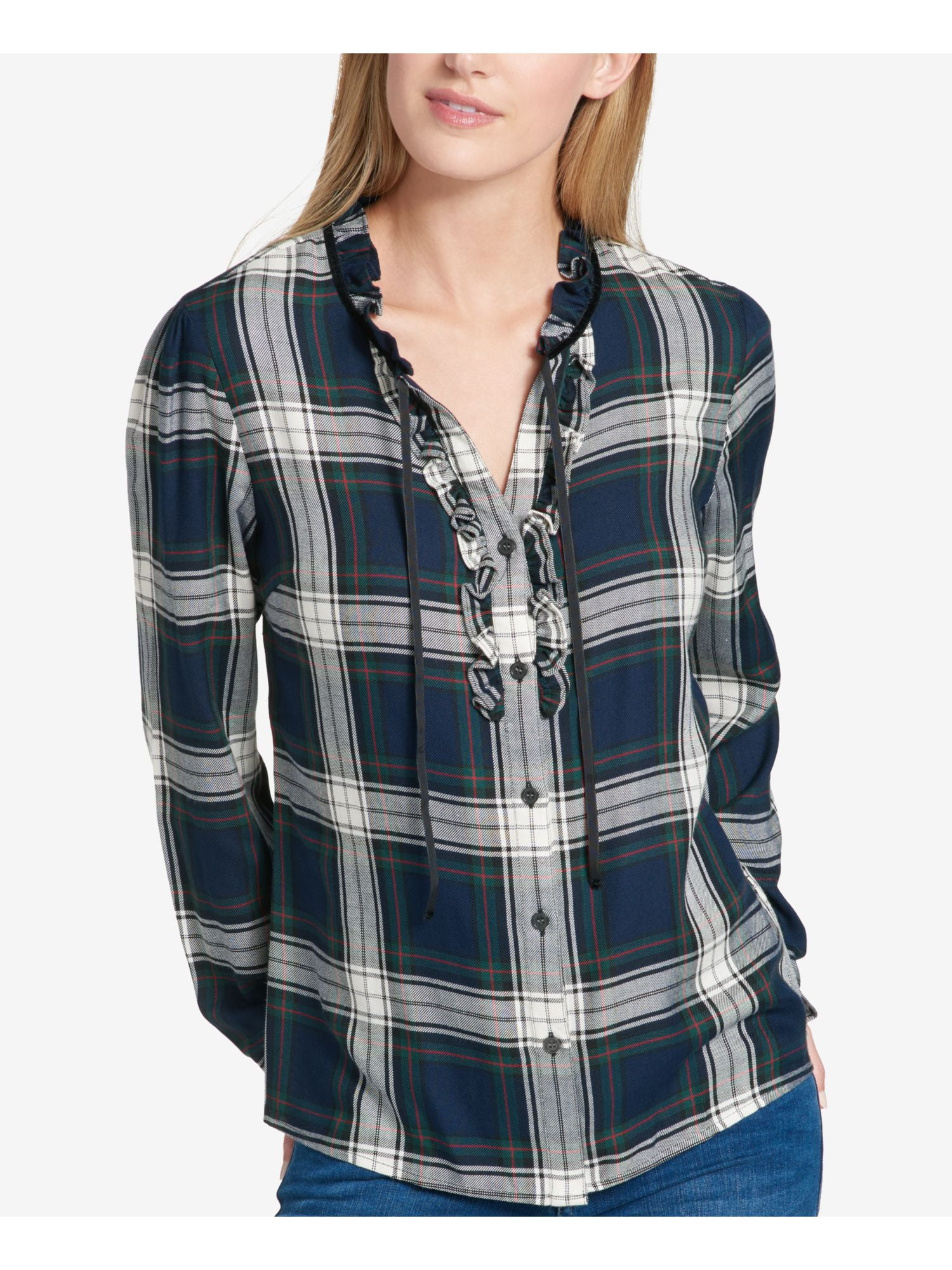 TOMMY HILFIGER $80 Womens New 1208 Navy Plaid Ruffled Long Sleeve Top XS B+B