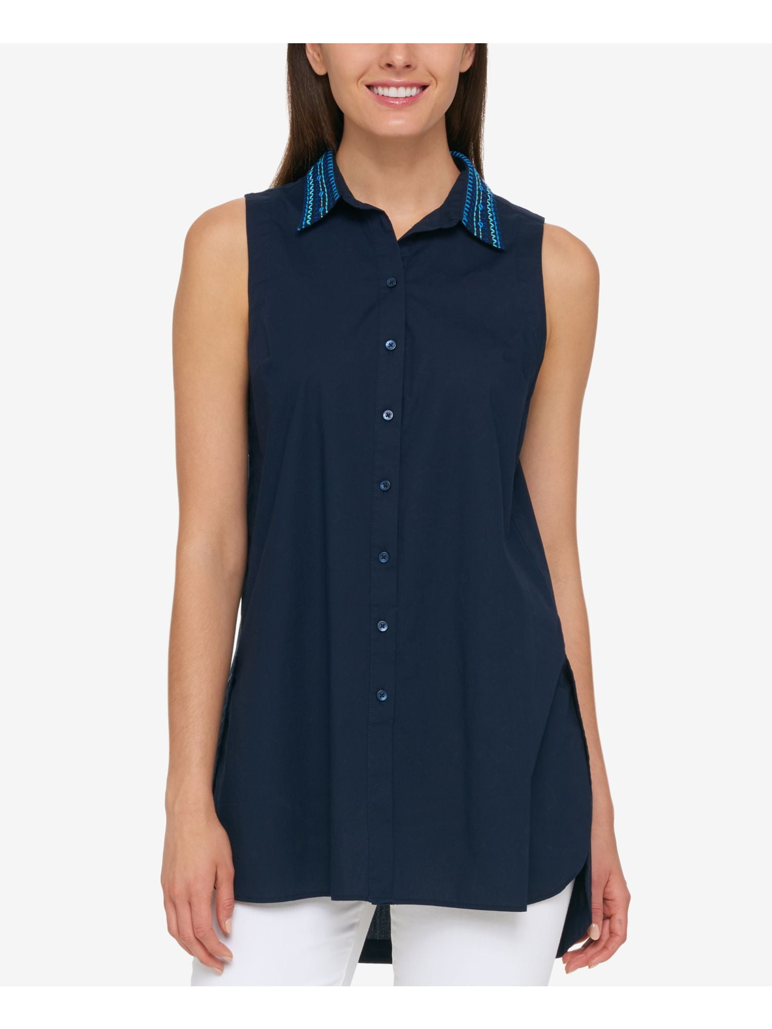 TOMMY HILFIGER $90 Womens New 9033 Navy Belted Collared Shirt