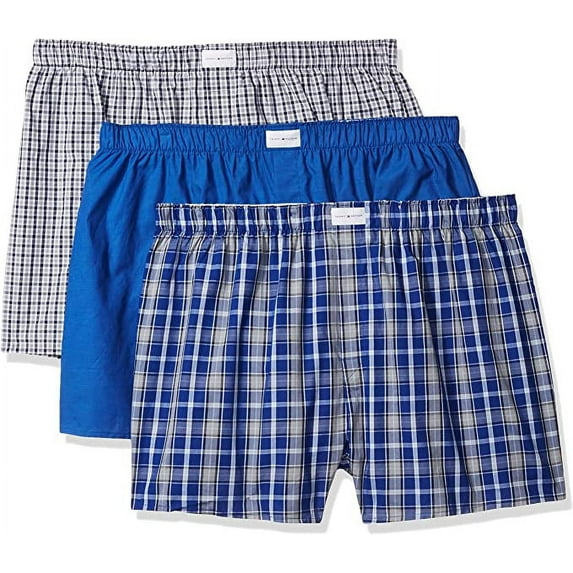 TOMMY HILFIGER MEN X3 - WZ PLAID BLUE XXLARGE - 3 PACK WOVEN BOXER UNDERWEAR