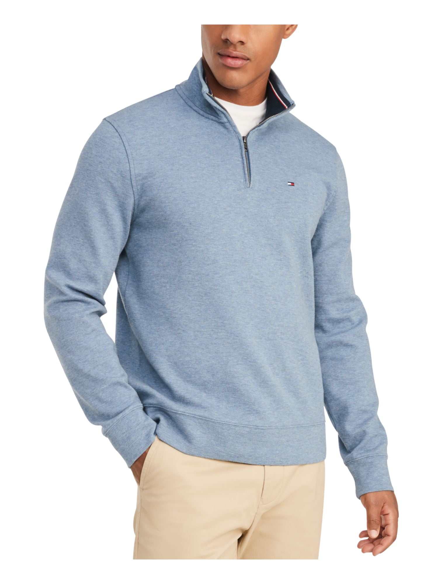TOMMY HILFIGER Mens Blue Logo Graphic Long Sleeve Classic Fit Quarter-Zip Cotton Pullover Sweater L