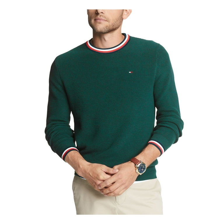 TOMMY HILFIGER Mens Neck Sleeve Classic Logo XXL Cotton Pullover Crew Sweater Fit Long Green Graphic