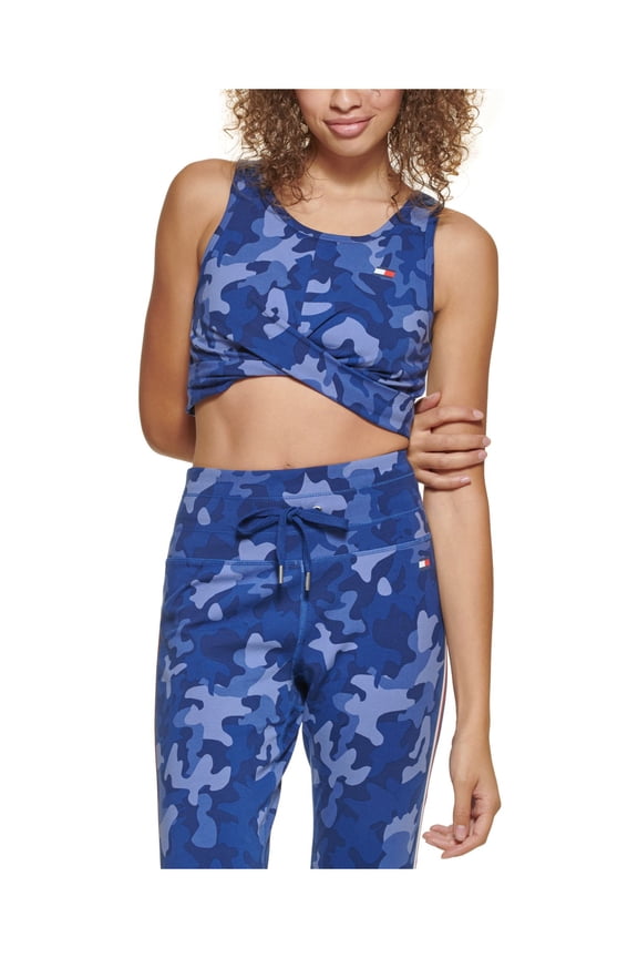 SPORT Intimates Blue Built-in Bra Shelf Twist Front Camouflage Sports Bra S