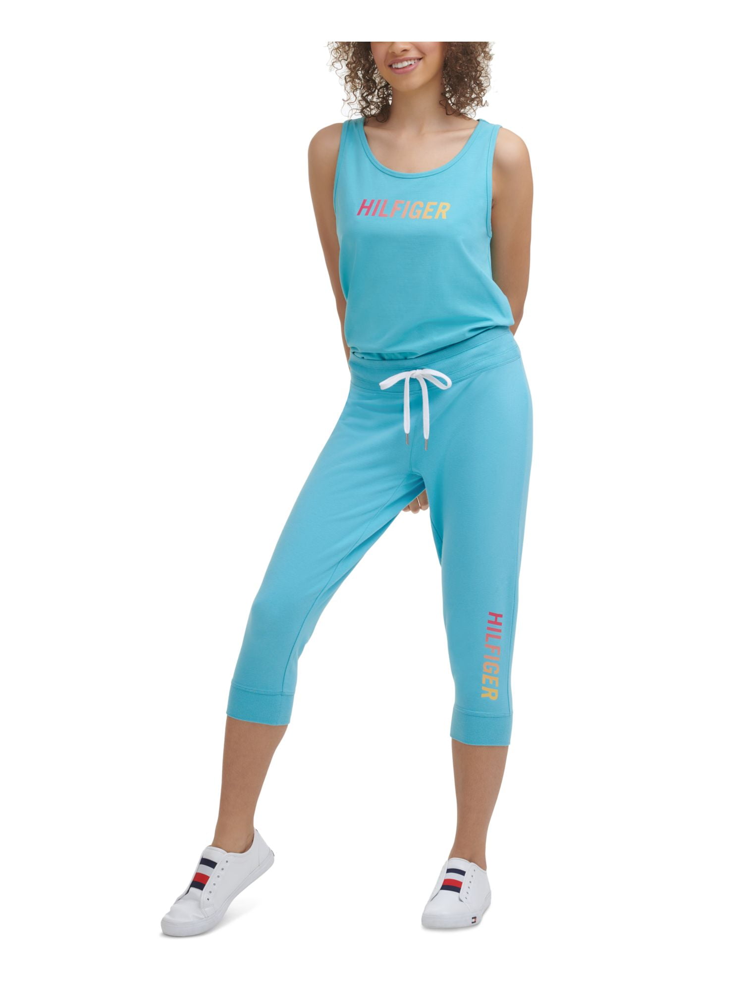 TOMMY HILFIGER SPORT Womens Cotton Graphic Blend Drawstring S Logo Active Tie Aqua Pants Wear Joggers Capri Waist
