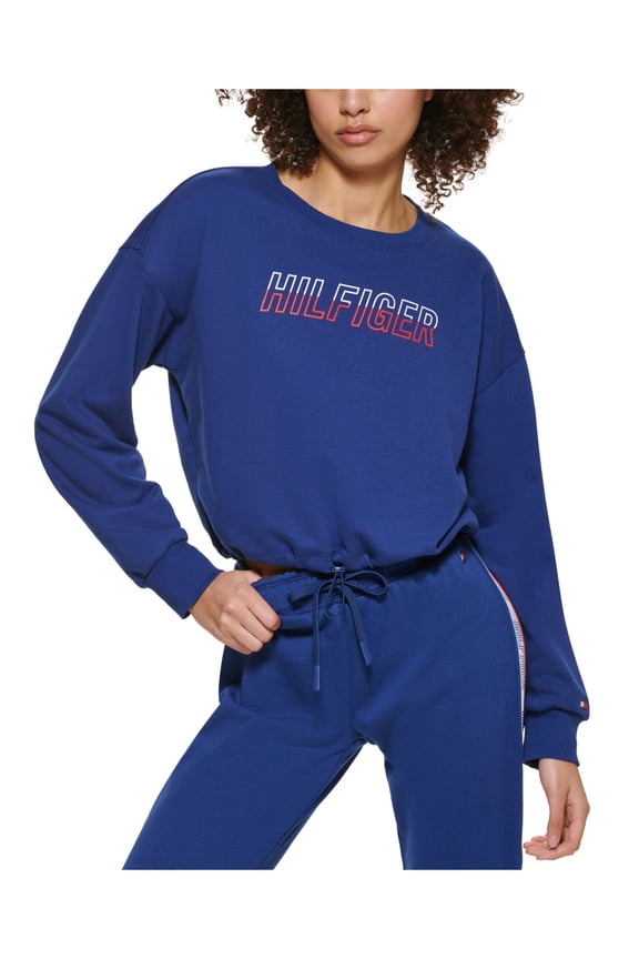 SPORT Womens Blue Cut Out Back Logo Taping Bungee Cord Hem Logo Graphic Sweatshirt L
