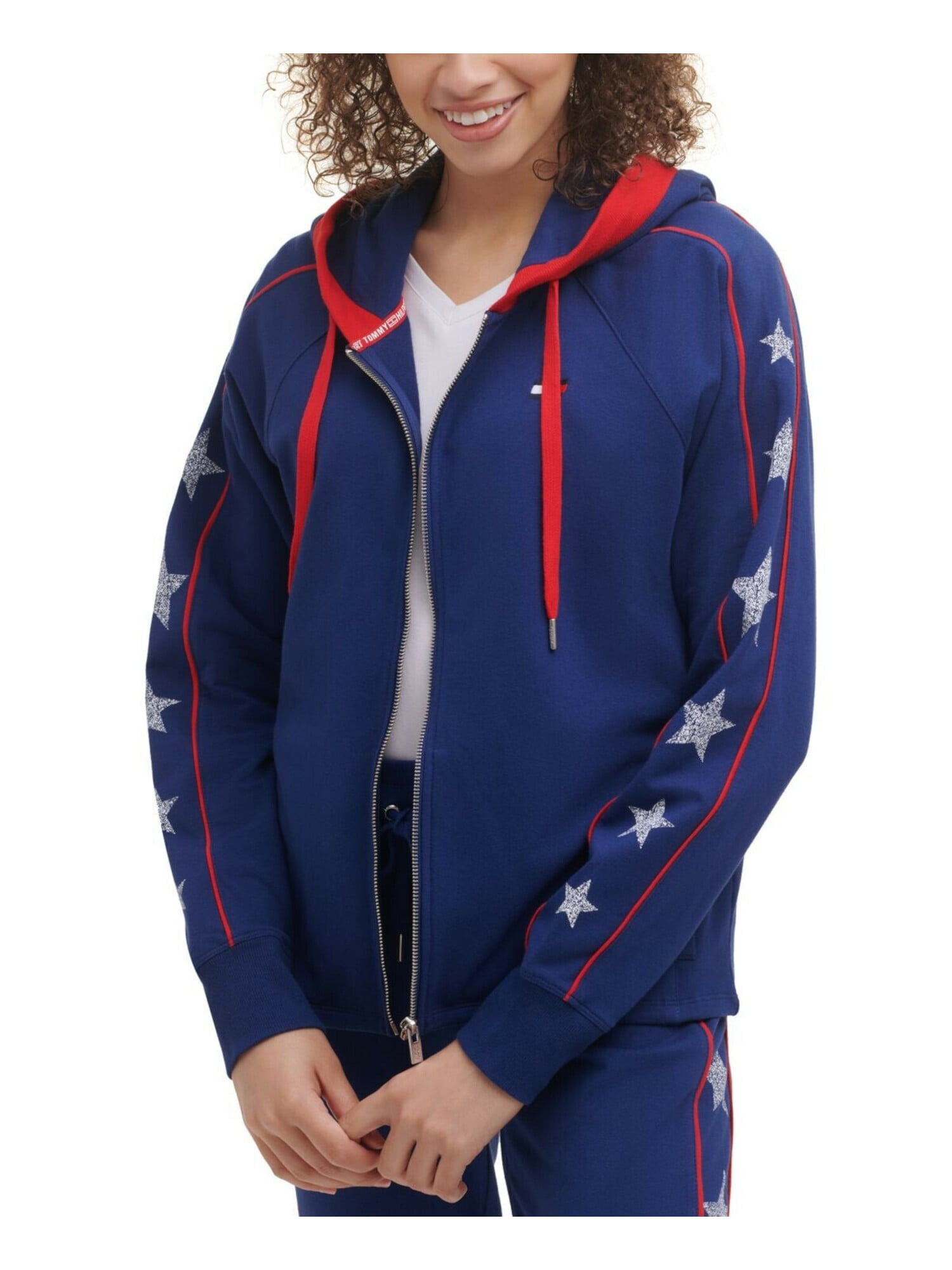 Stretch Blue Zippered Boxy-fit Hoodie Pocketed Drawstring TOMMY S Sweater Womens SPORT Graphic HILFIGER Sleeve Long Logo
