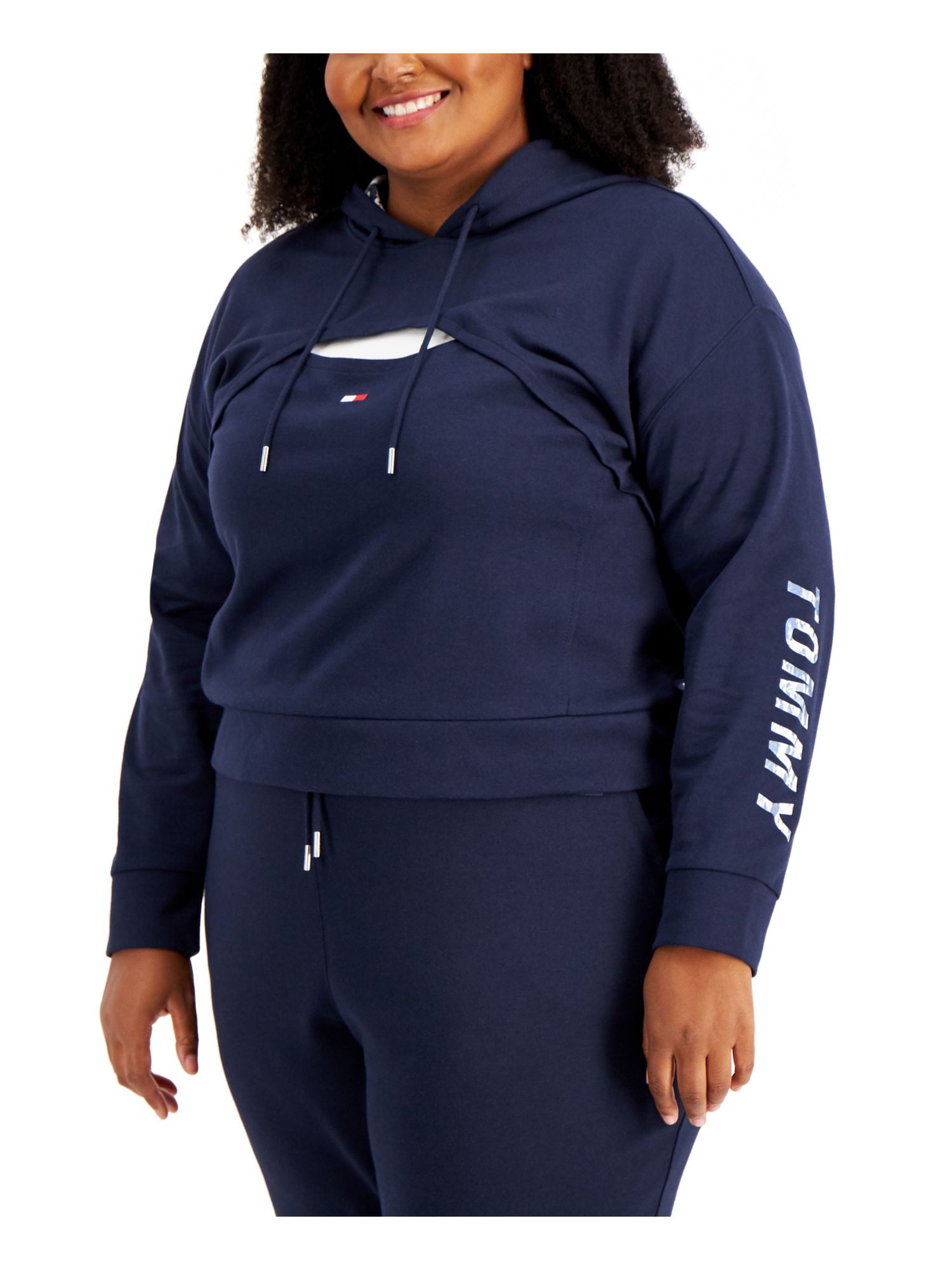 TOMMY HILFIGER SPORT Womens Navy Cotton Blend Ribbed Cut Out Logo Graphic  Long Sleeve Collarless Hoodie Sweater Plus 1X