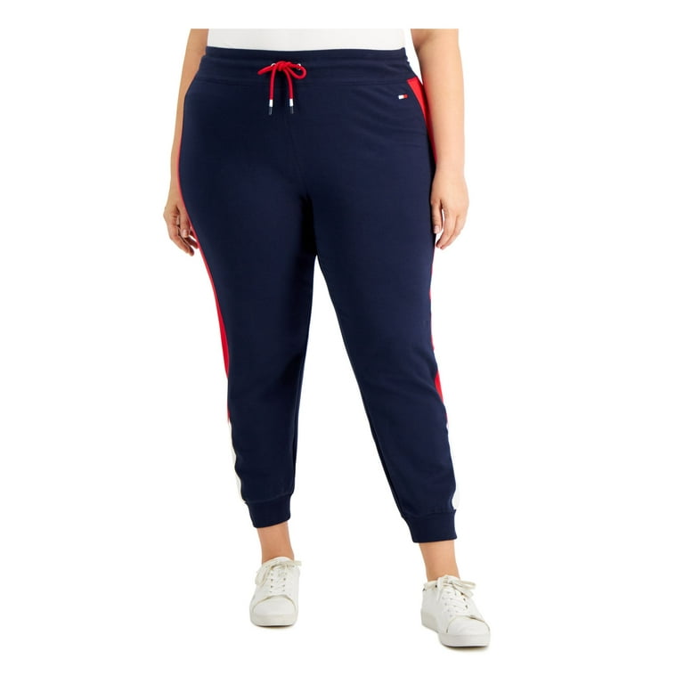 TOMMY HILFIGER SPORT Womens Navy Stretch Tie Ribbed Color Block Active Wear  Pants Plus 0X 