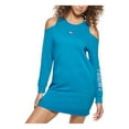 thumbnail image 1 of TOMMY HILFIGER SPORT Womens Teal Pocketed Cold Shoulder Ribbed Pullover Unlined Logo Graphic Long Sleeve Crew Neck Mini Sweatshirt Dress S, 1 of 5