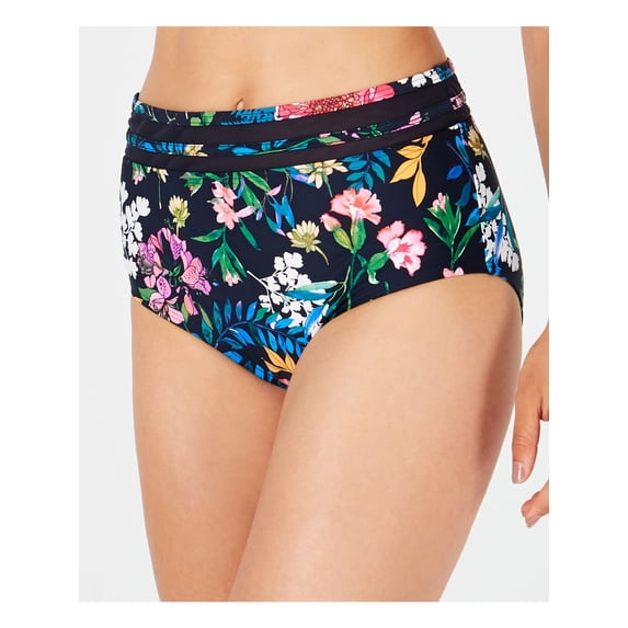 TOMMY HILFIGER Women's Navy Floral Stretch Lined Bikini Moderate Coverage Mesh Carnival Rosa High Waisted Swimsuit Bottom XL