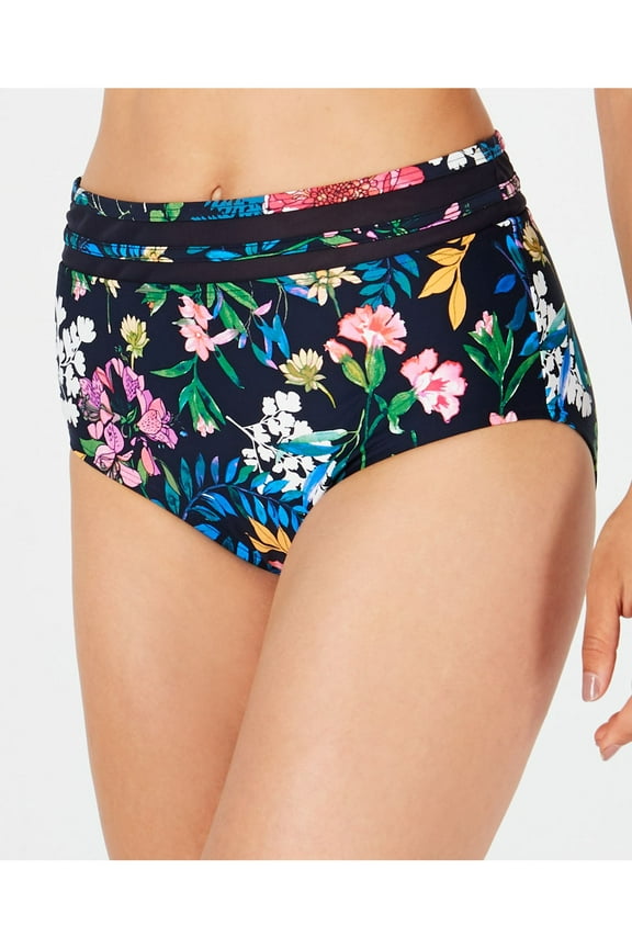 Women's Navy Floral Stretch Lined Bikini Moderate Coverage Mesh Carnival Rosa High Waisted Swimsuit Bottom XXL
