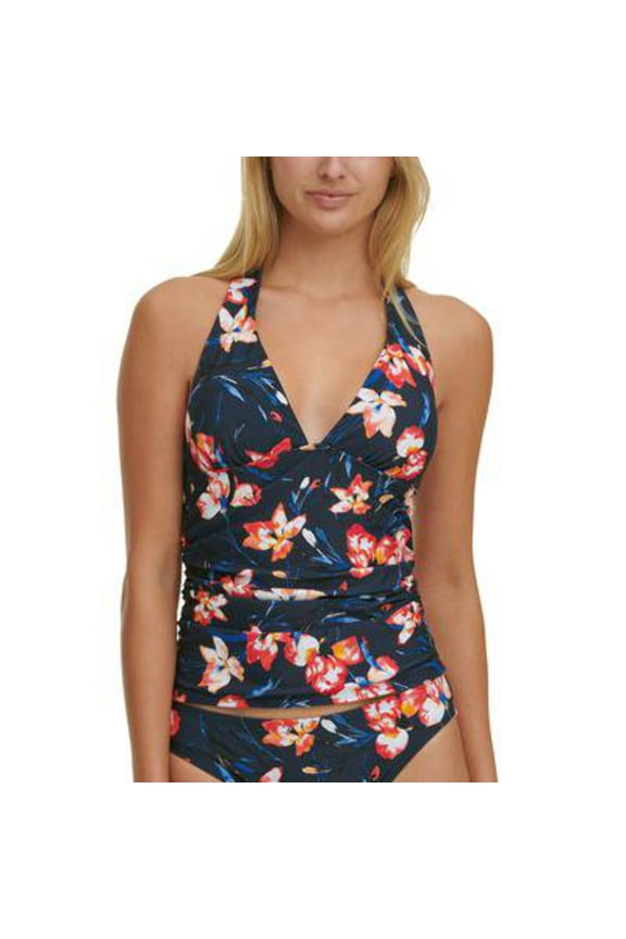 Women's Navy Floral Stretch REMOVABLE CUPS Deep V Neck Halter Tankini Swimsuit Top S