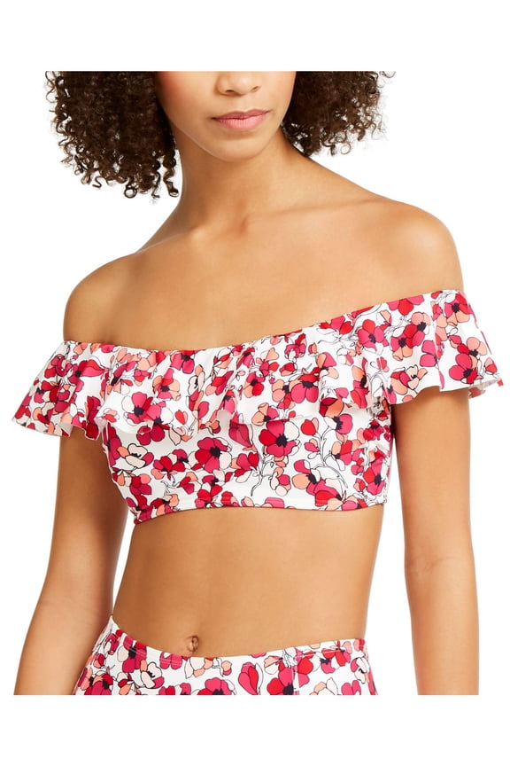 Women's Pink Printed Stretch Ruffled UV Protection Off The Shoulder Swimsuit Top XS