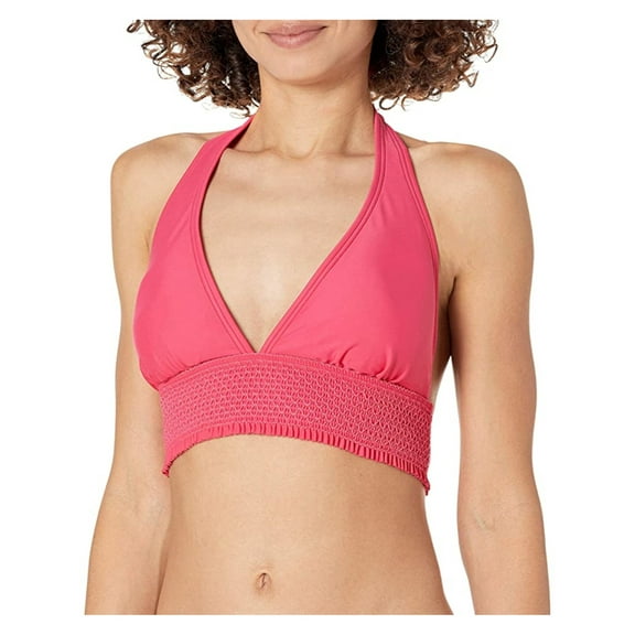 TOMMY HILFIGER Women's Pink Stretch Smocked Lined Tie Deep V Neck Adjustable Halter Swimsuit Top XS