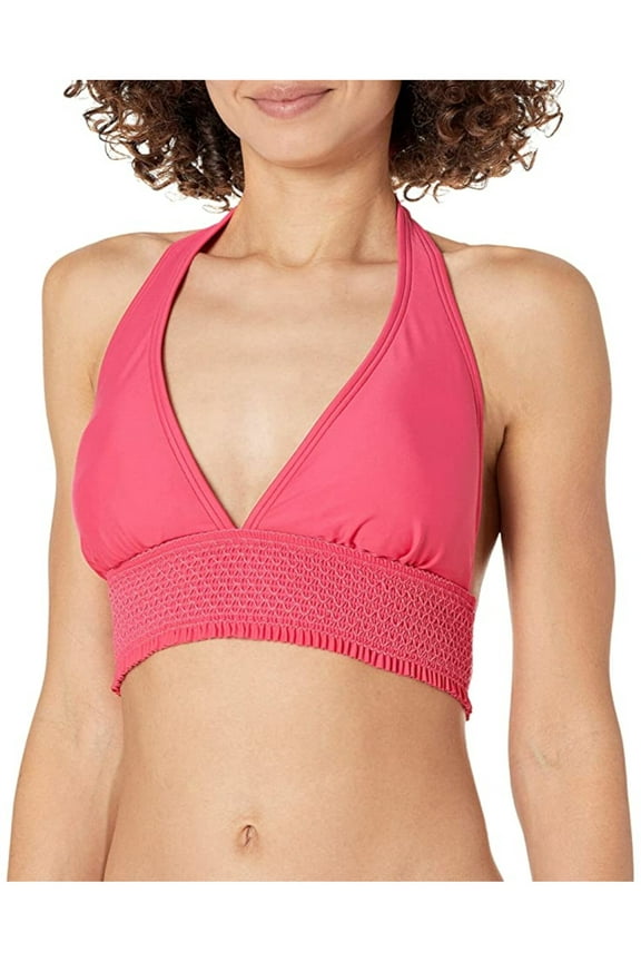 Women's Pink Stretch Smocked Lined Tie Deep V Neck Adjustable Halter Swimsuit Top XS