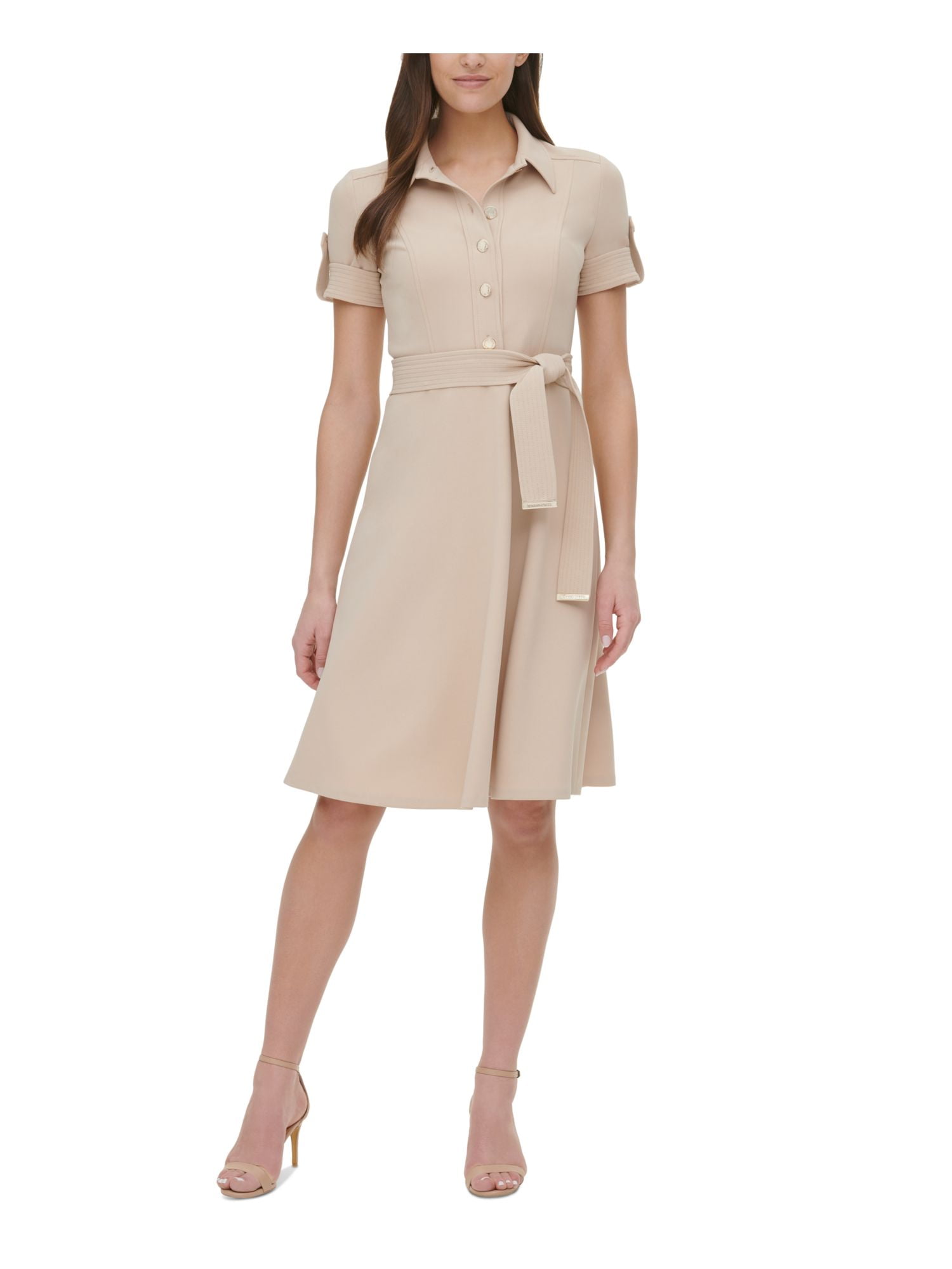 TOMMY HILFIGER Womens Beige Belted Short Sleeve Collared Knee