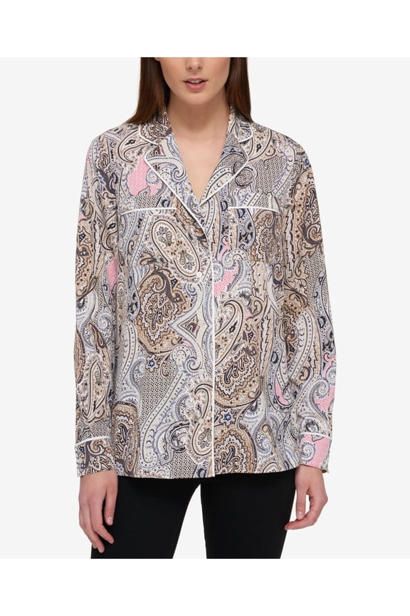 Womens Beige Paisley Cuffed Collared Wear To Work Top S
