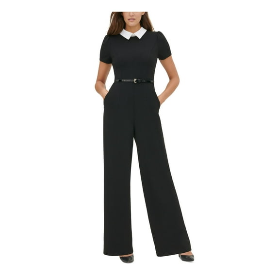 TOMMY HILFIGER Womens Black Belted Pocketed Short Sleeve Collared Evening Wide Leg Jumpsuit 12