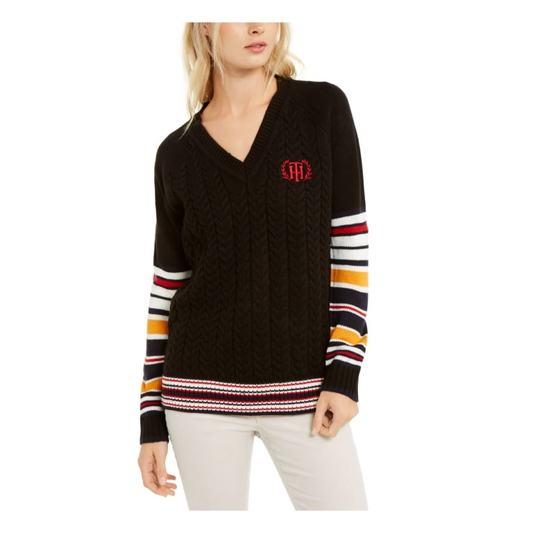 TOMMY HILFIGER Womens Black Color Block Long Sleeve V Neck Sweater Size S Walmart