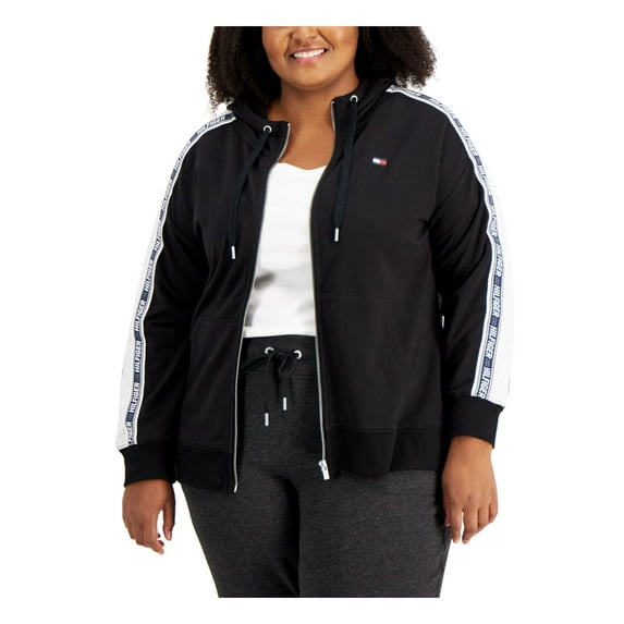 TOMMY HILFIGER Womens Black Embroidered Pocketed Zip Up Color Block Hooded Jacket Plus 0X