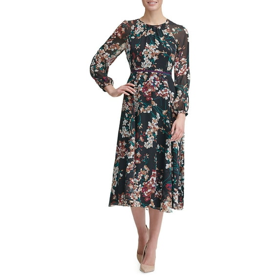 TOMMY HILFIGER Womens Black Floral Long Sleeve Jewel Neck Midi Sheath Dress 2