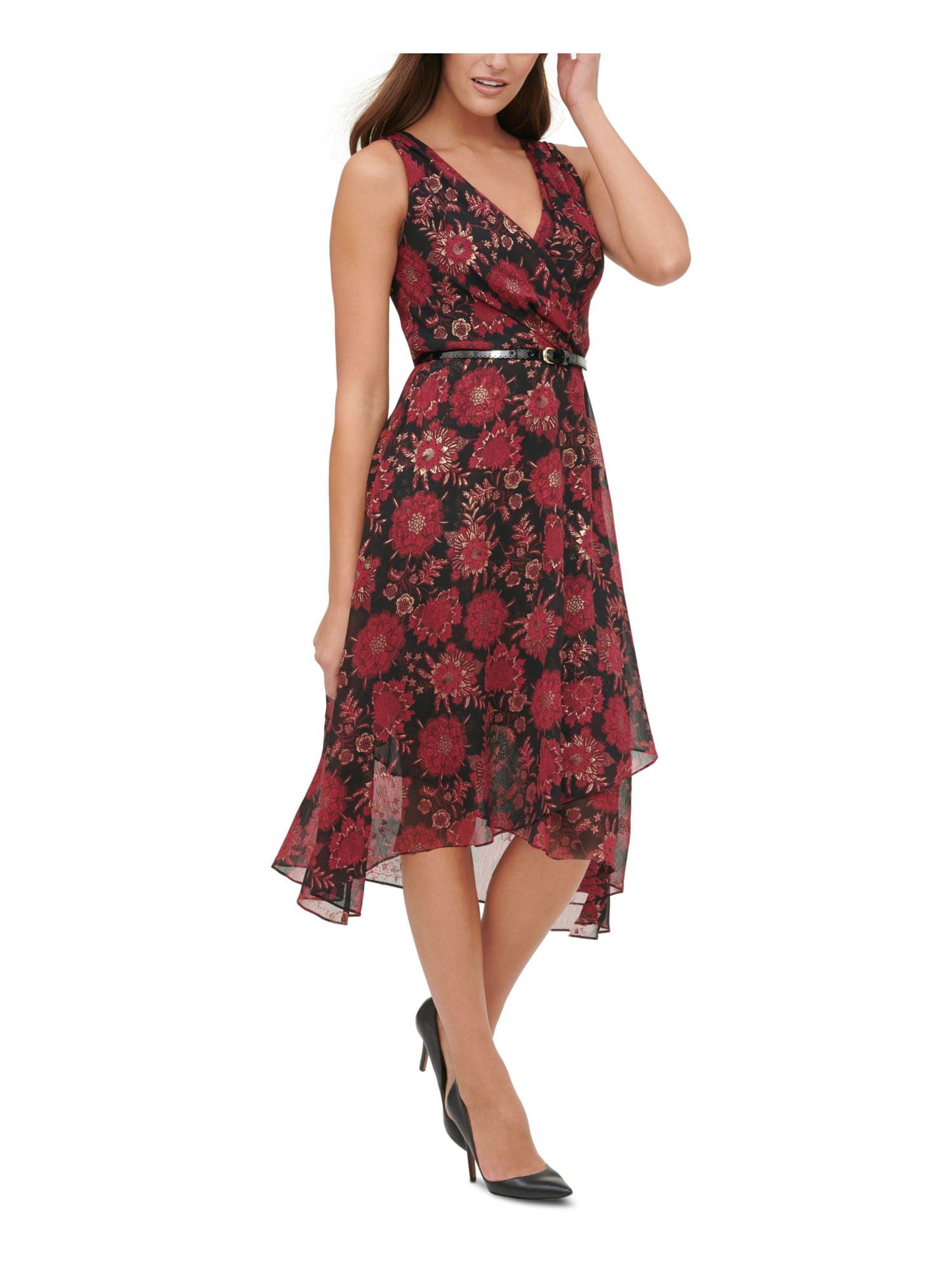 TOMMY HILFIGER Womens Black Floral Sleeveless Midi Hi-Lo Dress Petites Size: 2P