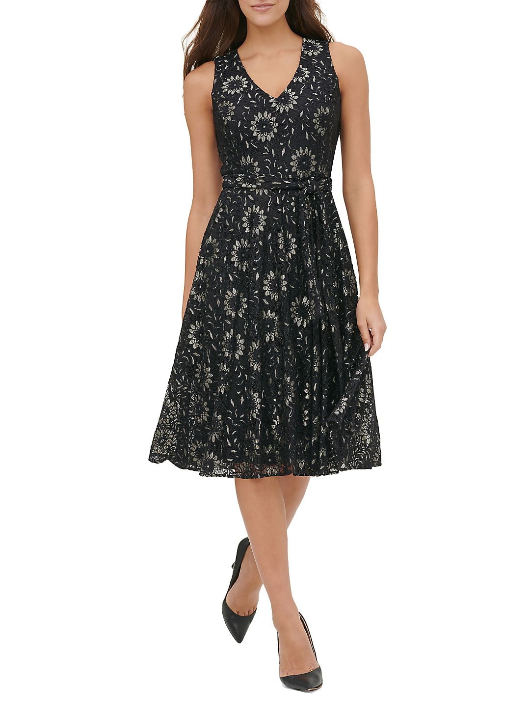 TOMMY HILFIGER Womens Black Floral V Neck Midi Fit + Flare Dress Size: 8 -  Walmart.com