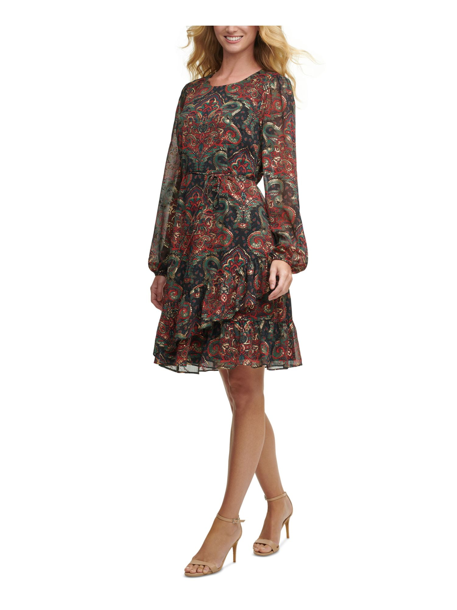 TOMMY HILFIGER Womens Stretch Ruffled 3/4 Sleeve Mock Neck Short Party Fit + Flare Dress main image 1