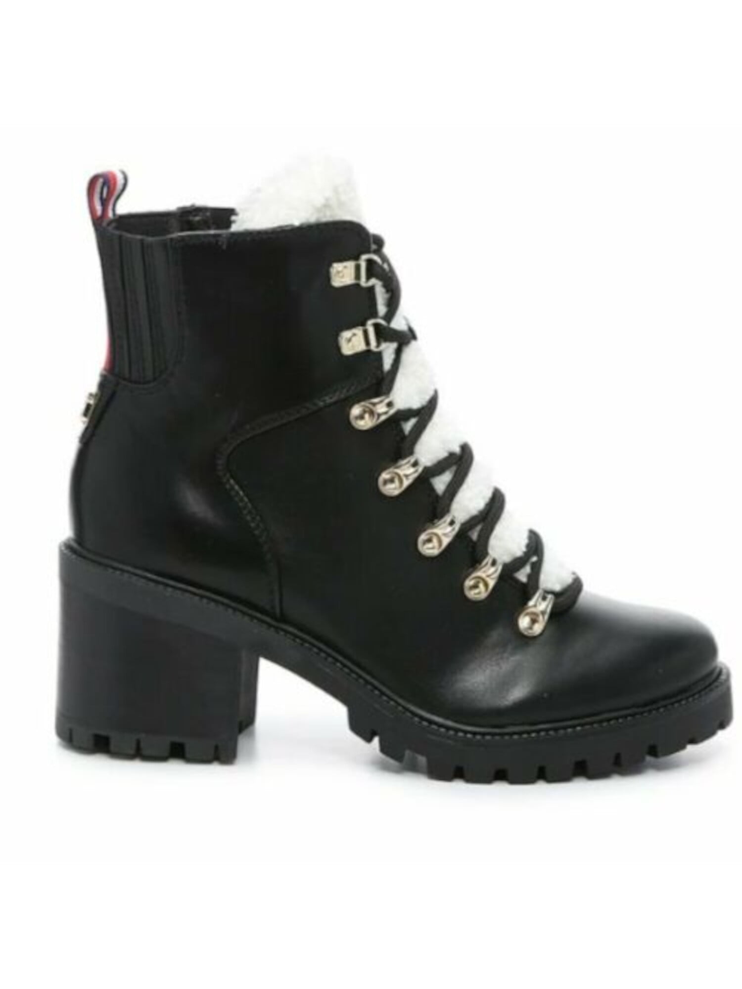 Boots Block Black 9 Combat Toe HILFIGER Womens Side Heel TOMMY Lace-Up Zip Round