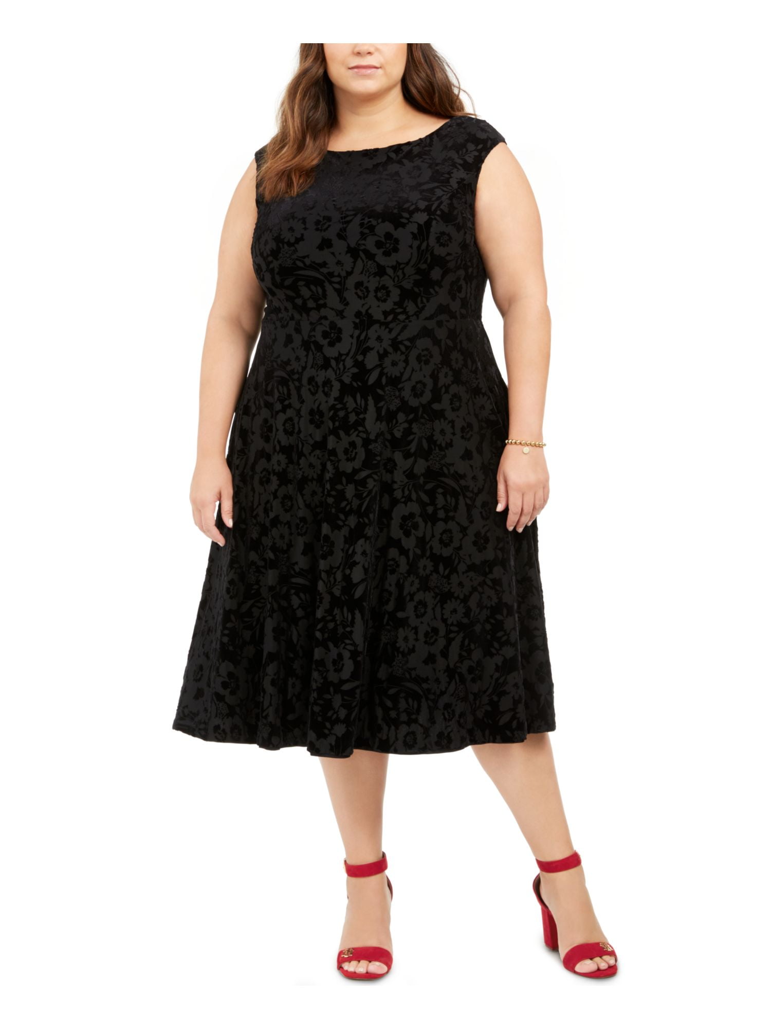 TOMMY HILFIGER Womens Black Sleeveless Midi Fit + Flare Evening Dress Plus 14W