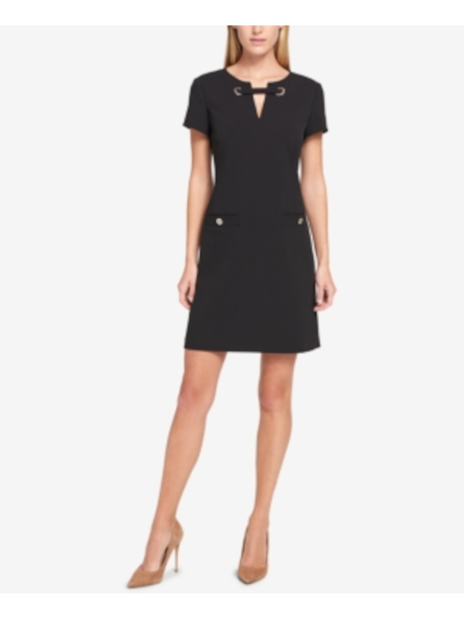 TOMMY HILFIGER Womens Black Stretch Zippered Pocketed Scuba Crepe Grommeted  Short Sleeve Split Above The Knee Cocktail Fit + Flare Dress 4 - Walmart.com