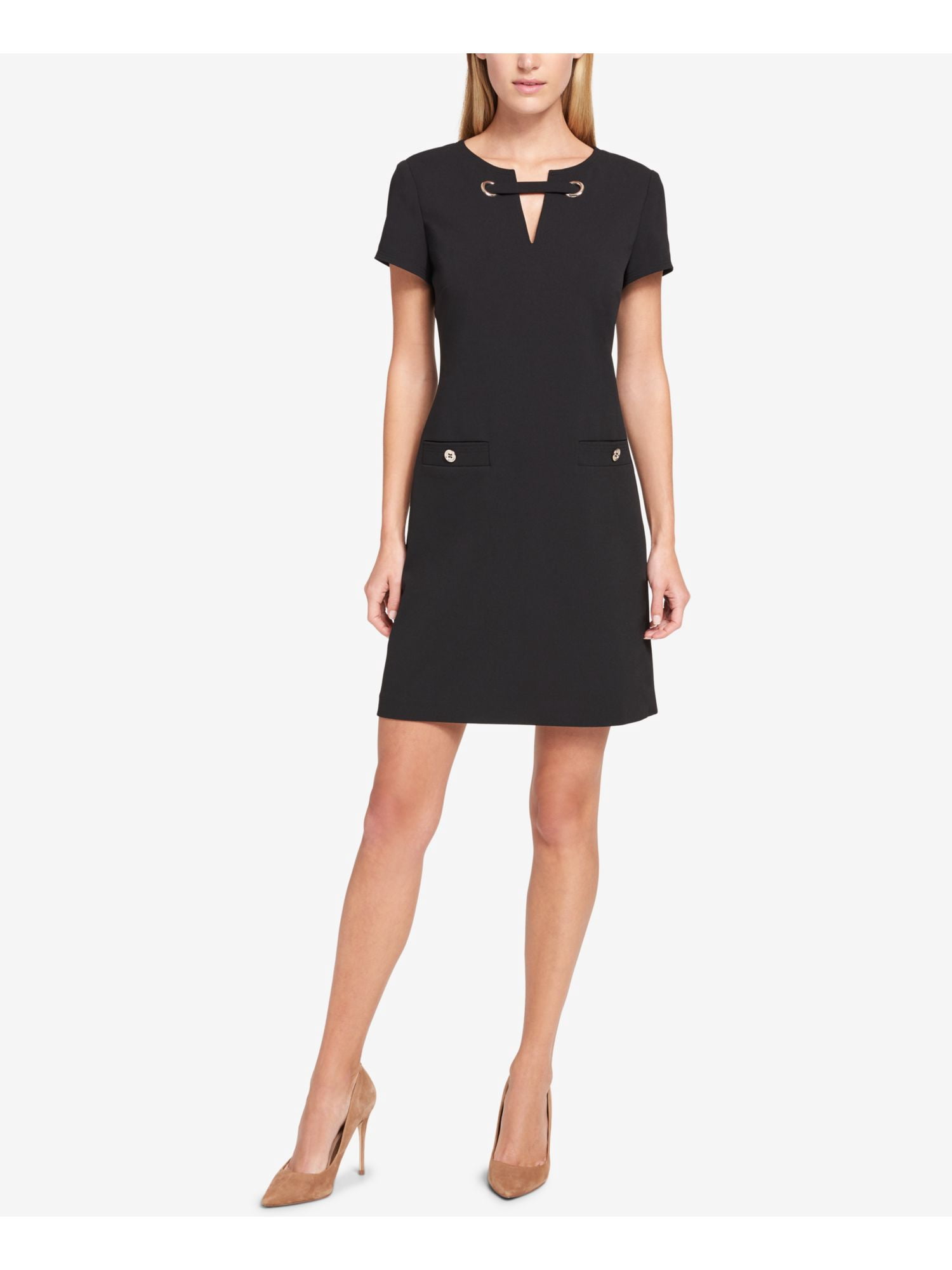 TOMMY HILFIGER Womens Black Stretch Zippered Pocketed Scuba Crepe Grommeted  Short Sleeve Split Above The Knee Cocktail Fit + Flare Dress 6