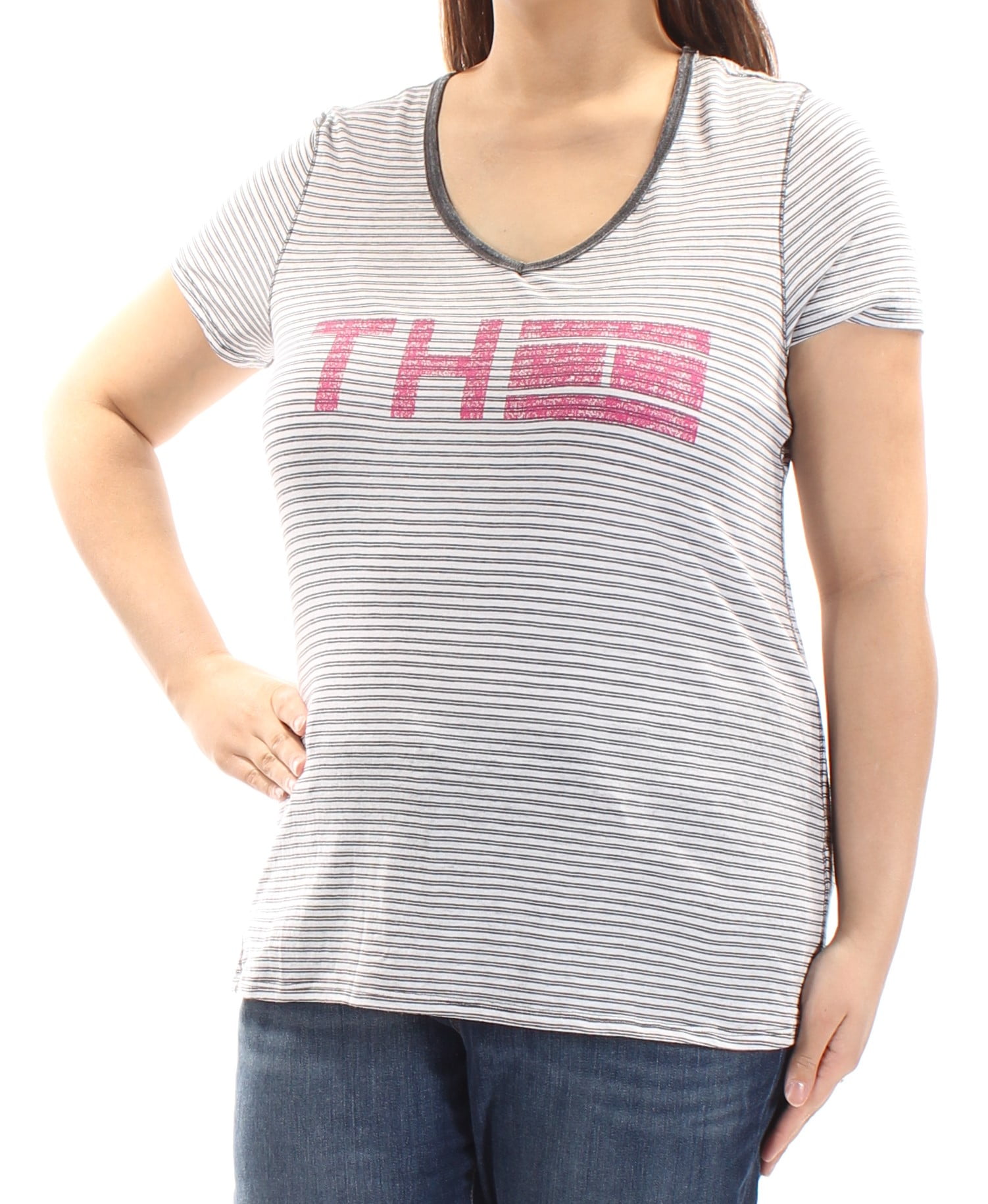Womens Black Striped V Neck T-Shirt Active Wear Top Size: XL