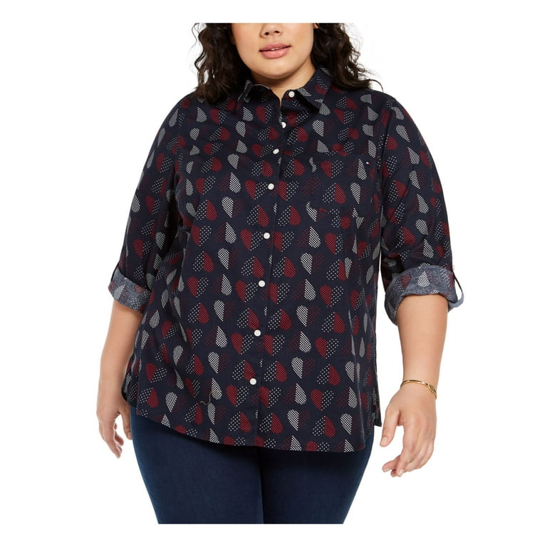TOMMY HILFIGER Womens Blue Printed 3 4 Sleeve Button Up Top Plus
