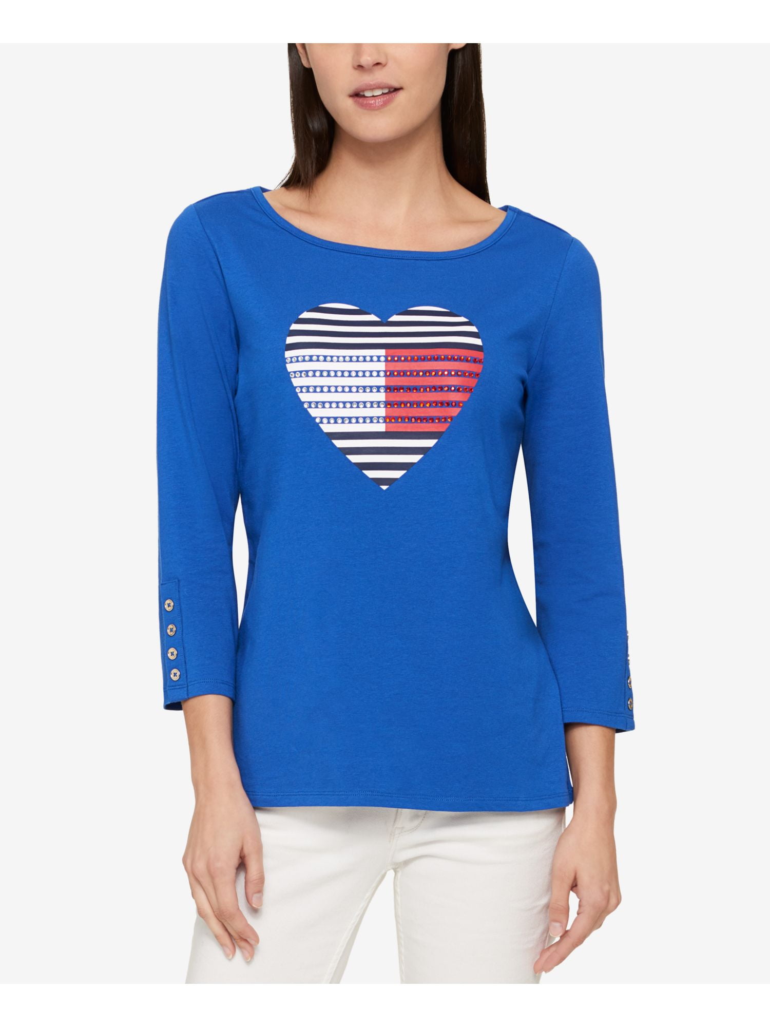 Womens Blue Rhinestone Long Sleeve Scoop Neck Top Size: XL