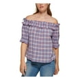 thumbnail image 1 of TOMMY HILFIGER Womens Blue Ruffled Plaid Elbow Sleeve Off Shoulder Top L, 1 of 4