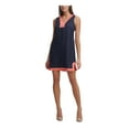 thumbnail image 1 of TOMMY HILFIGER Womens Blue Slitted Decorative Logo Buttons Color Block V Neck Short Shift Dress 6, 1 of 2
