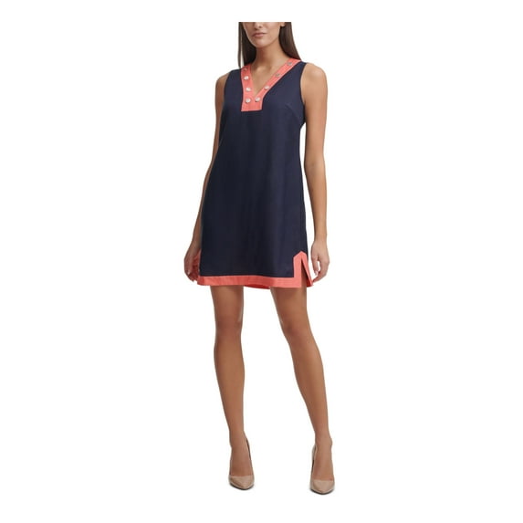 TOMMY HILFIGER Womens Blue Slitted Decorative Logo Buttons Color Block V Neck Short Shift Dress 6