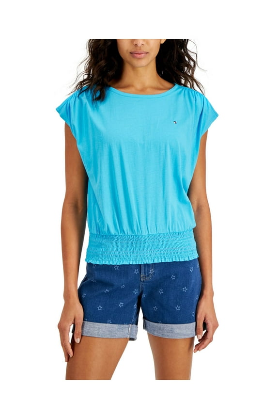 Womens Blue Smocked Gathered Cap Sleeve Crew Neck Top S