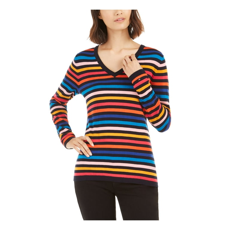 TOMMY HILFIGER Womens Blue Striped Long Sleeve V Neck Top Size L
