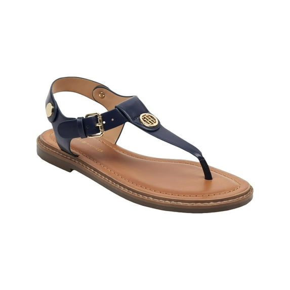 TOMMY HILFIGER Womens Blue Studded Metallic Monogrammed Logo Adjustable Strap Ankle Strap Bennia Round Toe Block Heel Buckle Thong Sandals 6 M