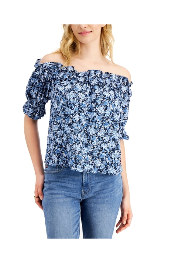 Womens Blue Unlined Curved Hem Floral Elbow Sleeve Off Shoulder Top XXL