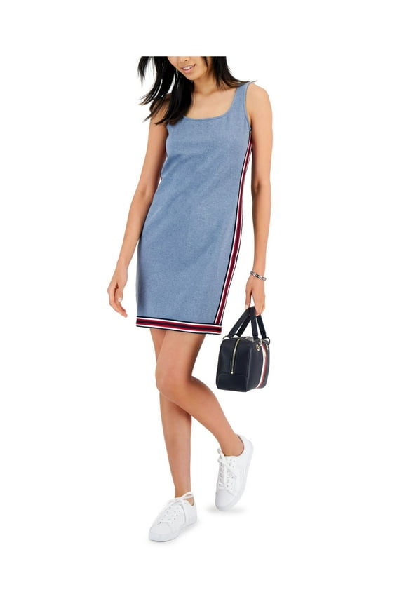 Womens Blue Zippered Unlined Tank Top Style Heather Sleeveless Scoop Neck Short Sheath Dress L\G
