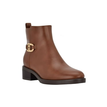 TOMMY HILFIGER Womens Brown Strap Metallic Hardware Back Pull-Tab Padded Imiera Almond Toe Block Heel Zip-Up Booties 8.5 M