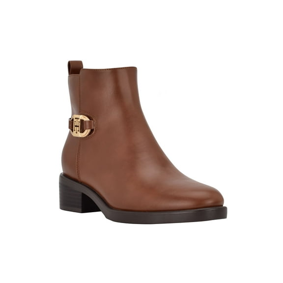 TOMMY HILFIGER Womens Brown Strap Metallic Hardware Back Pull-Tab Padded Imiera Almond Toe Block Heel Zip-Up Booties 8.5 M